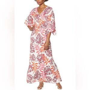 G by Giuliana Pink and Orange Tropical Print Leaf Maxi  Dress Summer Stretchy